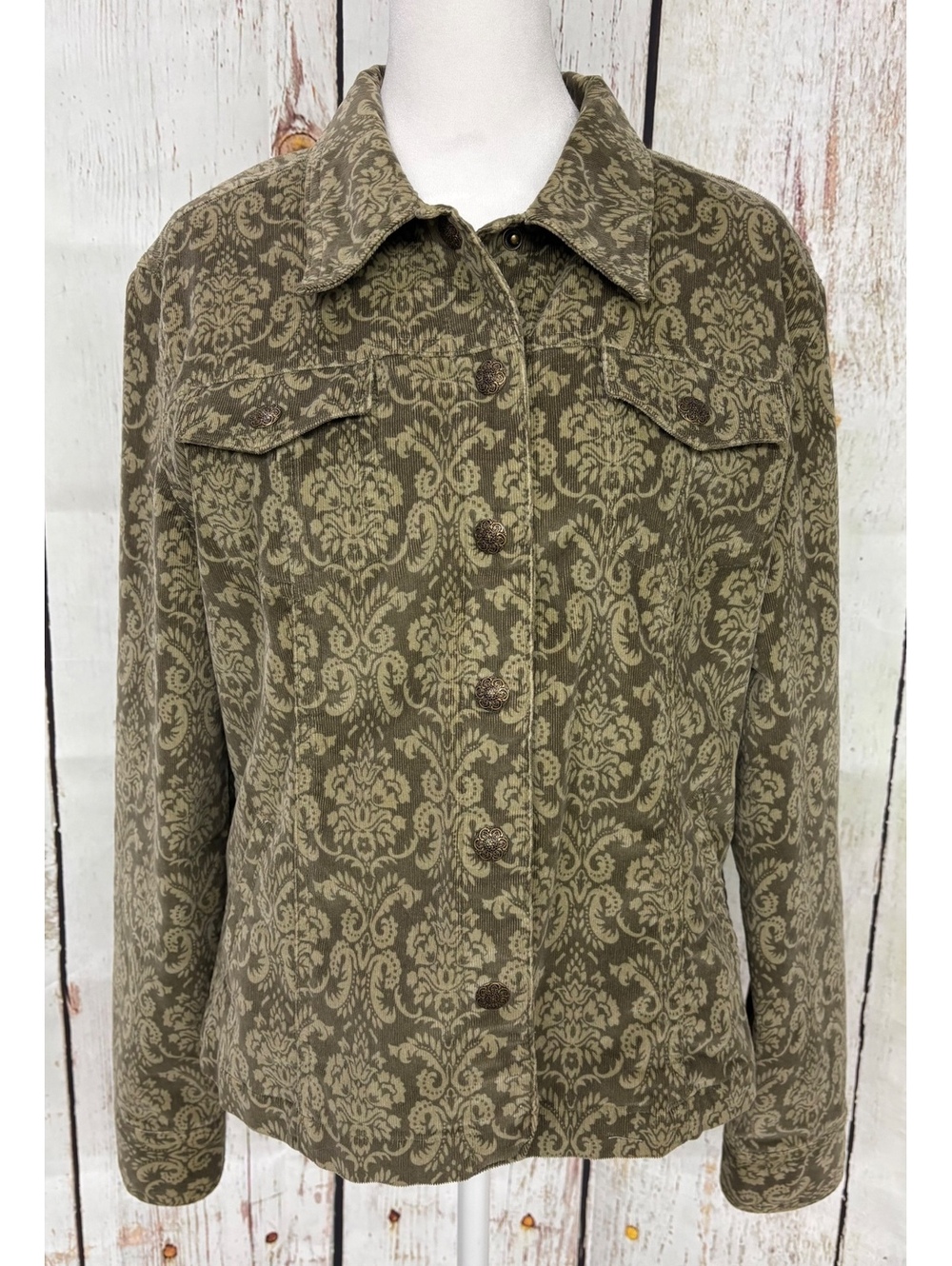 Dressbarn Women's Olive Green Damask Print Fine Wale Corduroy Shacket Size M EUC